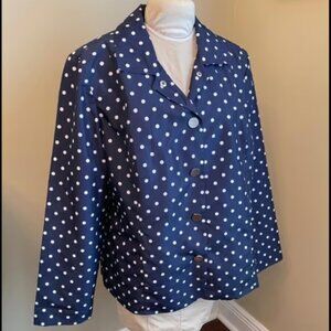 Chico’s Jacket Womens Coat Navy Blue White Polka Dot Windbreaker Rain Large Sz 2